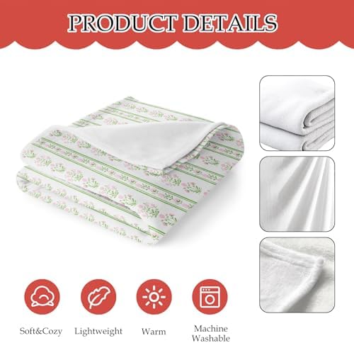 Pink Floral Blanket, Pink and Green Grandmillennial Flower Decorative Throw Blanket for Couch Bed Sofa, Pastel Floral Striped Throw Blankets for Living Room Bedroom Decor, 50x60 Inches