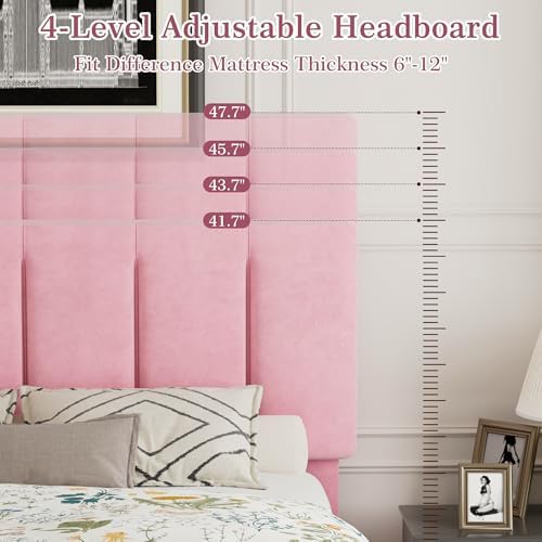 VECELO Full Size Bed Frame with Upholstered Headboard, Velvet & Pink