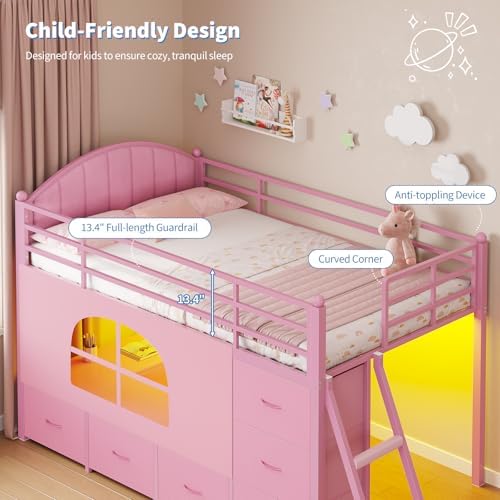 DICTAC Low Loft Bed Twin Size with 8 Storage Drawers, LED Lights, Twin Loft Bed with Upholsterd Headboard, Inclined Ladder&Play Curtain, Kids Loft Bed with Safety Guardrail, Under-Bed Play Area, Pink