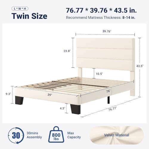 Allewie Twin Size Platform Bed Frame with Fabric Upholstered Headboard and Wooden Slats Support, Fully Upholstered Mattress Foundation/No Box Spring Needed/Easy Assembly, Cream