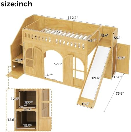 SOFTSEA Twin Size Kids Loft Bed with Slide and Storage Stairs, Natural