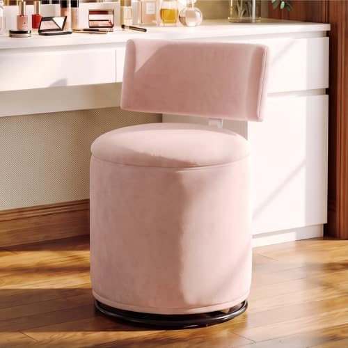 Swivel Vanity Chair with Storage, Velvet Makeup Stool with Higher Back for Living Room, Bedroom, Dressing, Pink