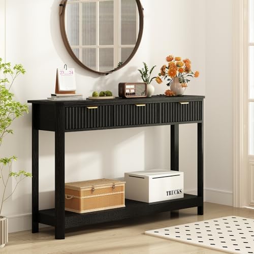 RUSTOWN Fluted Wood Console Table with 3 Drawers, 47.2" Boho Entryway Table