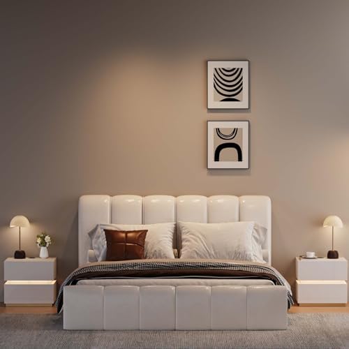 homary Smart Nightstand with LED Light, Wireless Charging Station, USB & Type-C Ports, 2 Drawers – Modern White Bedside Table for Bedroom Storage