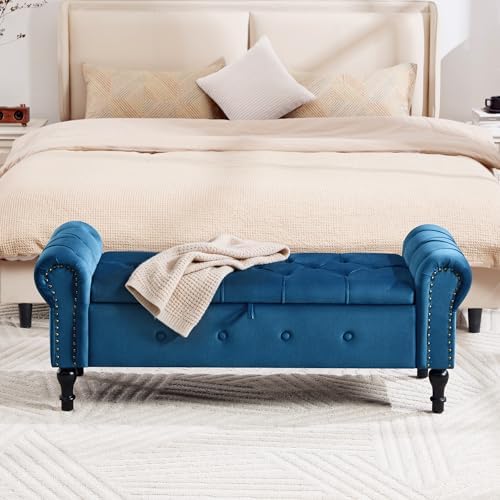 Storage Bench 51" Velvet End of Bed Benches Navy Blue