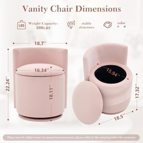 FOXHUNTER Vanity Stool with Storage, 360° Swivel Accent Chair, Velvet Pink