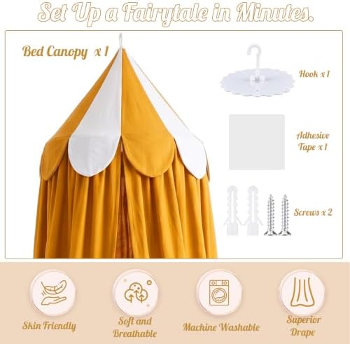 Bed Canopy with Scalloped Edge, 2 Panel Striped, Camel