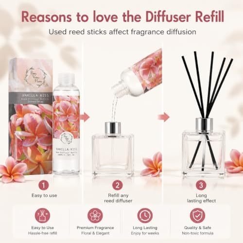 Reed Diffuser Refill Vanilla Kiss 6.76oz (200ml), Long-Lasting Floral Essential Oil, Home Fragrance for Bedroom, Bathroom Home Decor