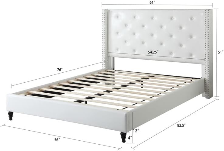 Full Upholstered Platform Bed Frame with 51" Tall Headboard - Button Tufted Cloth Bed - Wood Slat Support with Storage Space- No Box Spring Needed- Easy Assembly - Light Beige - OLIVER & SMITH - Astor