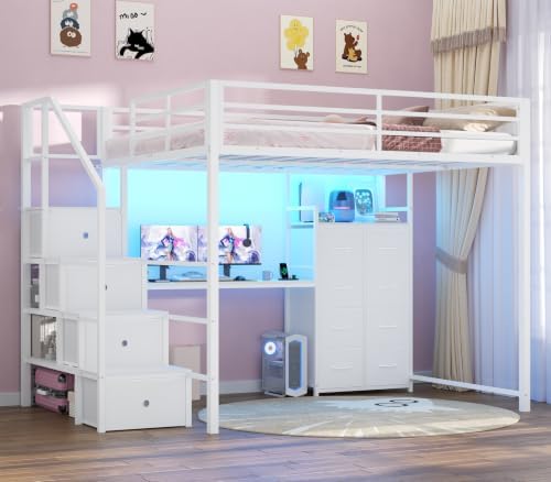 Full Size Loft Bed with Desk, Storage Stairs, LED Lights, White