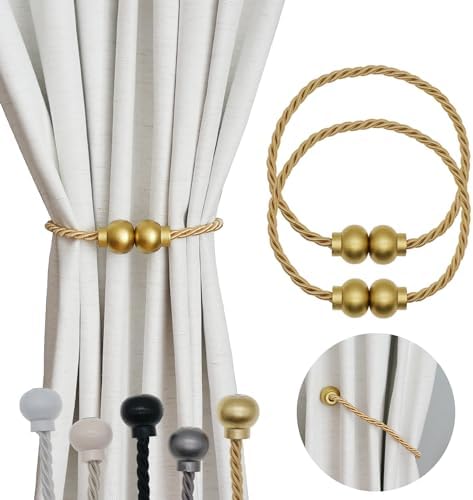 2 Pack Magnetic Curtain Tiebacks Modern Handmade Rope Curtain Tie Backs Decorative Drapes Weave Holdbacks for Home Outdoor Bedroom Office Decorative Curtain, Gold