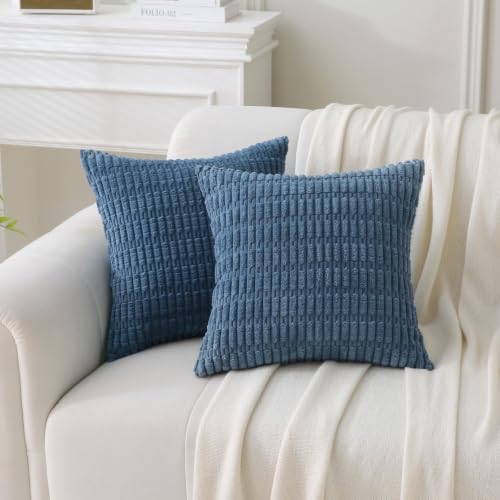 2 Pack Corduroy Decorative Throw Pillow with Inserts, 20x20 Inch Soft Boho Throw Pillow, Square Striped Throw Pillows for Couch, Bed, Sofa Decor (Blue)