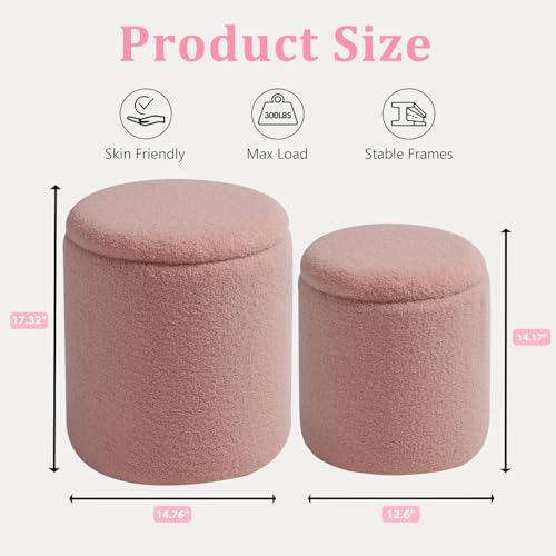 BLEXA Set of 2 Round Storage Ottoman, Pink Sherpa Ottoman with Storage