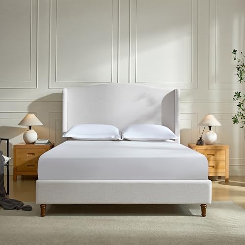 Queen 54" Tall Headboard Wingback Upholstered Platform Bed Frame Premium Textured Look for Bedroom Strong Wood Slats Support No Box Spring Needed Easy Assembly No Noise Ivory Canvas