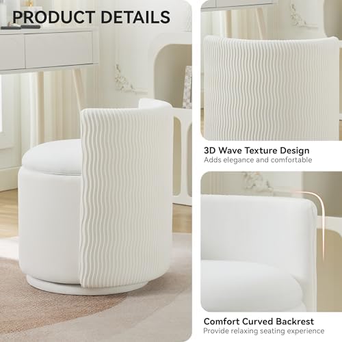 WUTUTUEE Velvet Vanity Chair with Storage, 360° Swivel Makeup Chair with Wave Back, No Assembly Small Accent Stool for Bedroom, Dressing, Living Room, White