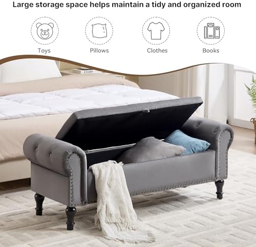 51" Storage Bench for Bedroom, Velvet End of Bed Bench, Queen Size Bench with Rolled Arms, Tufted Storage Ottoman Benches, Upholstered Bench for Bedroom, Living Room, Entryway, Grey