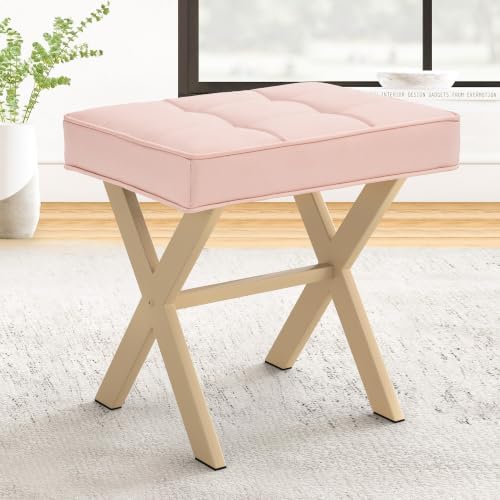 LUE BONA Vanity Stool, Square Linen Makeup Stool with Metal X Legs, Small Ottoman Stool Chair for Vanity, Modern Padded Vanity Seat Foot Rest Stool for Makeup Room, Bathroom, Pink Color