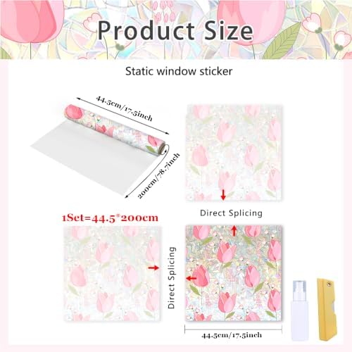 Window Film,Rainbow Window Privacy Film,17.5" x 78.7"Tulip Vine Double Sided Static Glass Window Clings Stickers for Home Office Living Room Bathroom Glass Windows Door Decor