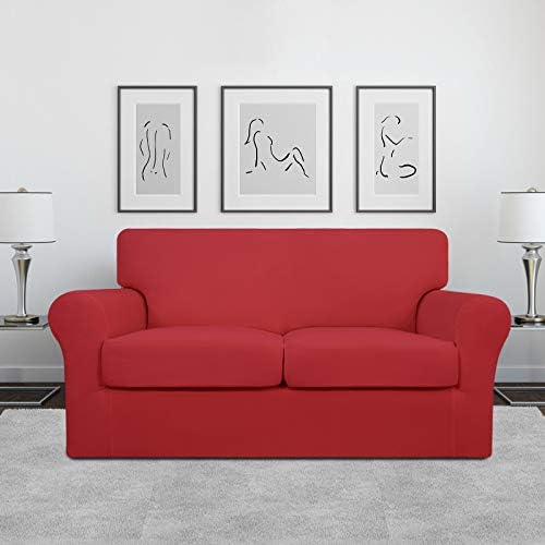 Easy-Going 3 Pieces Stretch Soft Couch Cover for Dogs - Washable Sofa Slipcover for 2 Separate Cushion Couch - Elastic Furniture Protector for Pets, Kids (Loveseat, Christmas Red, Medium)