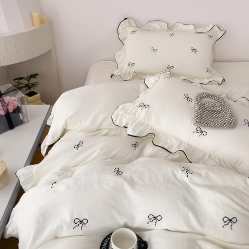 Bowknot Duvet Cover Set Queen Princess Style Ruffle Bedding Set, 3 Pieces Soft Microfiber Embroidery Cute Bow Duvet Cover with Ruffles, Girls Romantic Ruffle Bowknot Comforter Cover with Zipper Ties