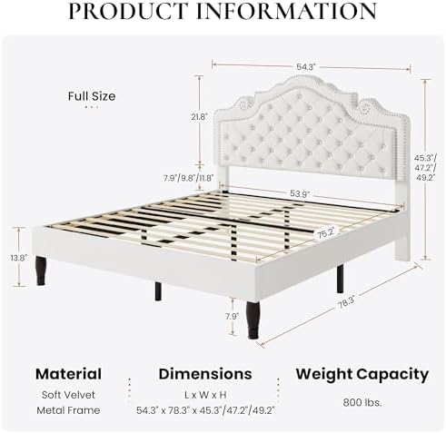 SHA CERLIN Full Size Bed Frame with Adjustable Headboard/Velvet Upholstered/Diamond Button Tufted and Metal Studs/No Box Spring Needed/Sturdy Wood Slat Support/Easy Assembly/White