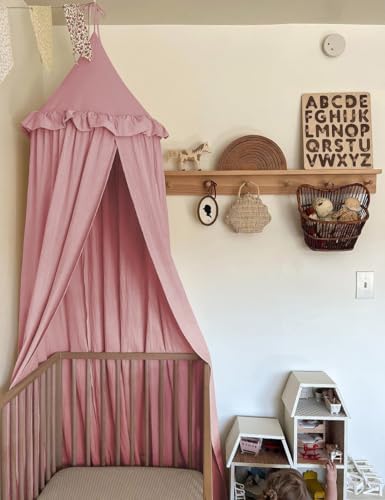 Kids Bed Canopy with Frills Cotton Cover Net for Crib Reading Nook Curtain Hideaway Hanging Round Tent Nursery Bedding Play Room Decor