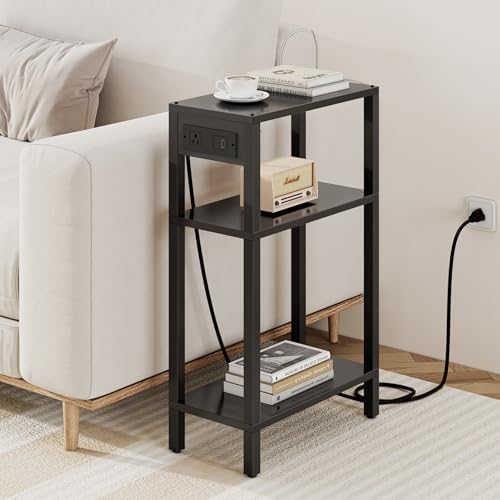 TUTOTAK Narrow Side Table, 3-Tier Small End Table with Charging Station