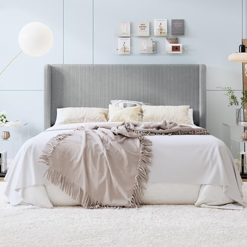 SHA CERLIN King Corduroy Platform Bed with Tufted Wingback Headboard, Grey