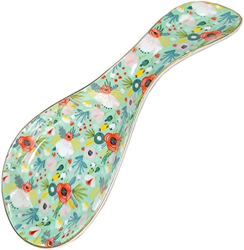 Ceramic Spoon Rest for Stove Top Kitchen Counter Large Spoon Holder Farmhouse Floral Flowers Print Coffee Spoon Cooking Utensil Tools Rest Modern Kitchen Decor