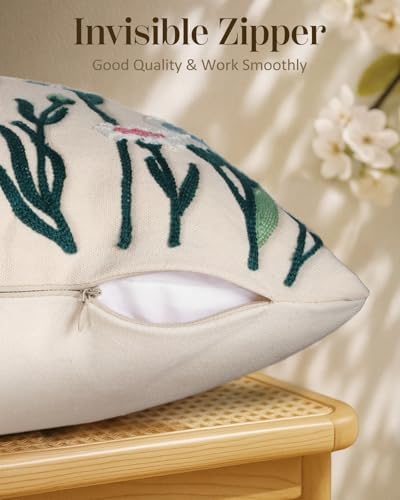 Embroidered Throw Pillow Cover 18x18 Inch - Spring Summer Boho Decorative Pillow Cover with Zipper for Living Room Couch Sofa Bed Aesthetic Design Flower Bird Cushion Pillowcase (Pack of 2)