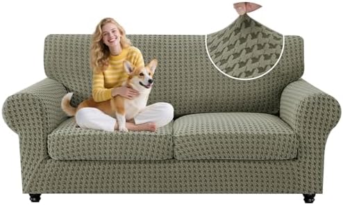 MAXIJIN 3 Pieces Stretch Couch Covers for 2 Cushion Couch Washable Sofa Cover with 2 Extra Large Seat Soft Loveseat Sofa Slipcovers with Non Slip Strap (Army Green), 71"-91"(2 XL Cushions)