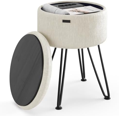 Round Ottoman with Storage, Textured Velvet Storage Ottoman, Foot Stool Ottomans, Makeup Vanity Stool, Small Ottomans Foot Rest, Modern Vanity Stools for Living Room and Bedroom, Cream