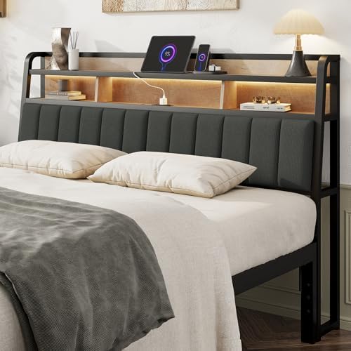 King Headboard Only with Storage, Charging Station, Black & Brown