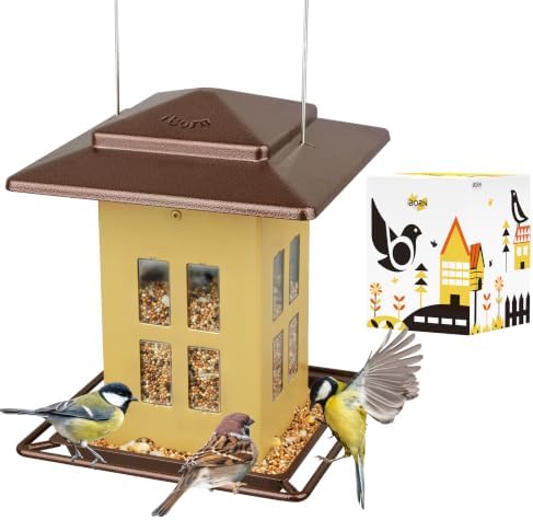 iBorn Bird Feeders for Outdoors, Metal Bird Feeder, Wild Bird Feeders for Cardinal, 2.3LBS Capacity,18cm Large Roof, Lantern Style, Black (Muted Yellow)