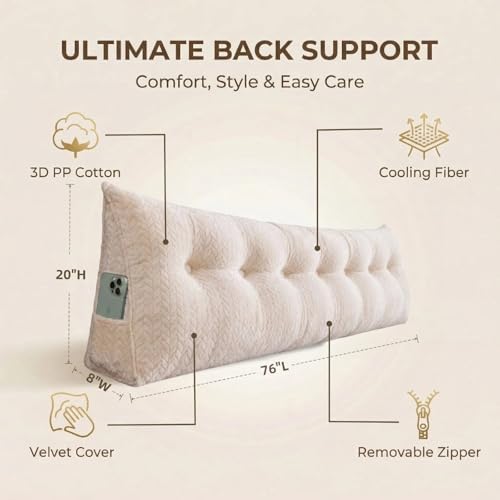 Headboard Pillow King Size, Reading Pillow for Bed, Leaf Pattern Wedge Pillow, Tufted Backrest Support, Headboard Substitute, Beige