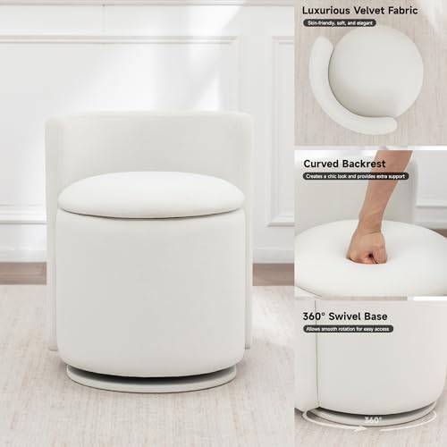 MINCETA Vanity Chair with Storage, 360° Swivel Accent Chair, White