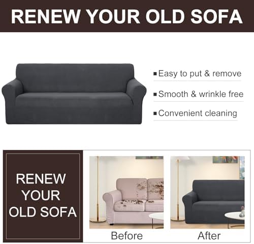 U-NICE HOME Stretch Couch Cover Slipcover for 3 Cushion Sofa, Dark Grey