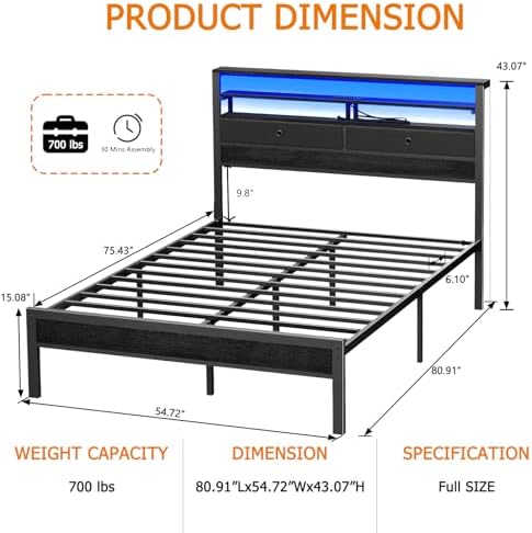 Full Size Bed Frame with Headboard & 2 Fabric Drawers, Black Oak
