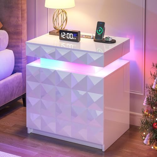 Dystler LED Night Stand with Charging Station, Lockable Hidden Drawer