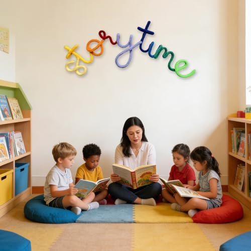 Handmade Storytime Wall Sign-Knitted Wire Storytime Sign Reading Corner Sign Decor story time wall sign wire Letters Book Corner Decor for Kids Room Nursery & Playroom (Rainbow Story)