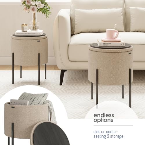 Round Ottoman with Storage, Boucle Storage Ottoman, Foot Stool, Makeup Vanity Stool, Small Foot Rest, Modern Ottomans for Living Room and Bedroom, Beige
