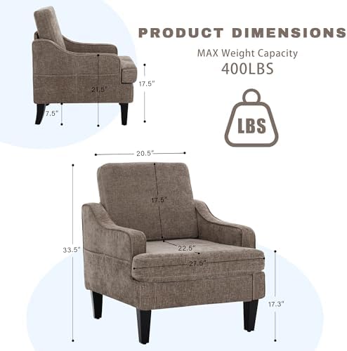 Set of 2 Accent Chair for Living Room,Mid-Century Arm Chair Chenille Fabric Living Room Chairs,Upholstered Reading Chair for Bedroom,Single Sofa Chair with Wood Legs for Apartment (Brown)