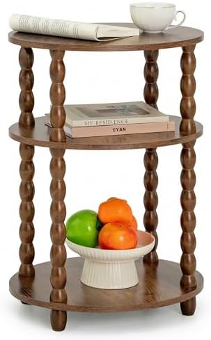 3-Tier Oval Side Table, Small End Table with Solid Wood Spindle Legs Brown