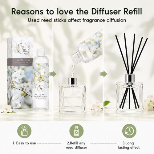 Reed Diffuser Refill, White Musk Floral Diffuser Oil 6.76 fl.oz / 200ml, Home Fragrance for Bedroom, Bathroom, Office Decor