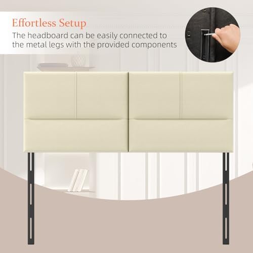 Upholstered Headboard Queen Size, Solid Wood Head Board with Sturdy Metal Legs, Leather Bed Headboard with Height Adjustable, Beige