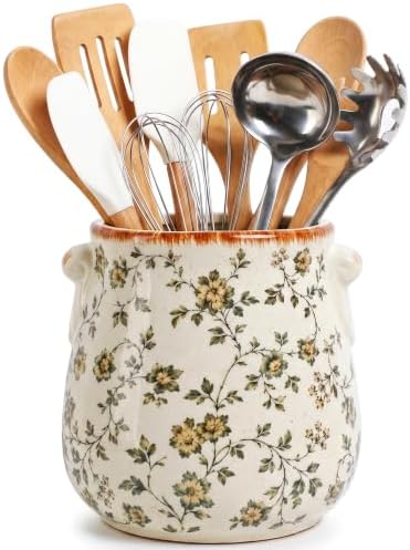 Large Ceramic Utensil Holder for Kitchen Counter, Vintage Floral Crock