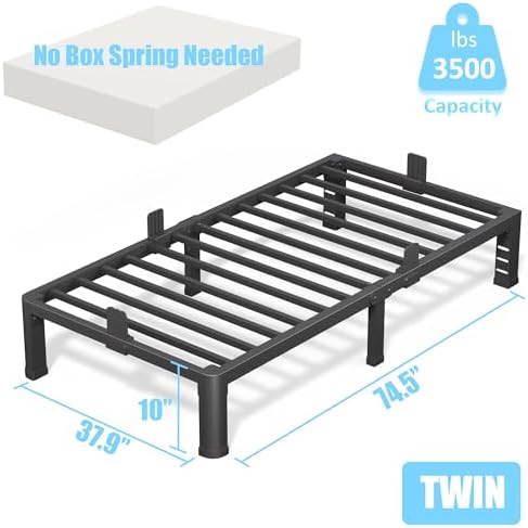 10 Inch Twin Bed Frame with Rounded Corner and Headboard Hole Mattress Retainers 3500 LBS Metal Heavy Duty Steel Slats Support No Box Spring Needed Platform Noise Free Easy Assembly