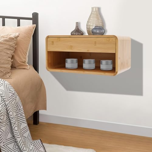 Bamboo Floating Nightstand with Storage Drawer, Wall Mounted Bedside End Tables with Open Shelf, Modern Bedside Cabinet Storage for Bedroom Living Room