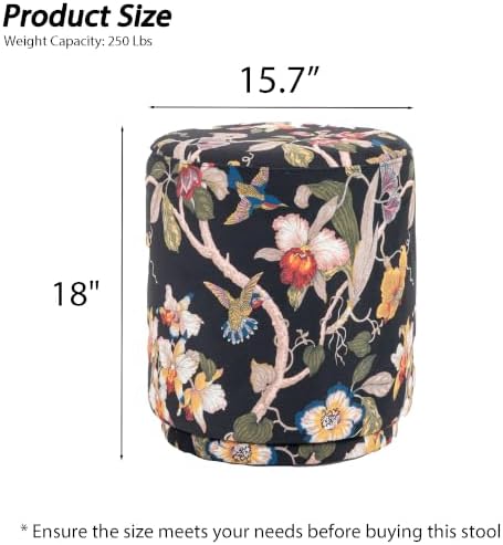 15.7" Swivel Vanity Stool, Floral Velvet Round Ottoman, Black