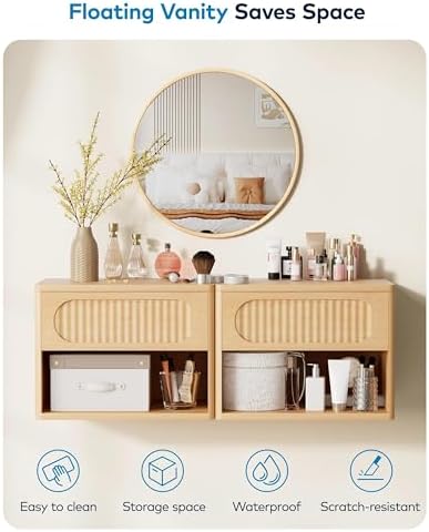 Wooden Fluted Floating Nightstand Set of 2, Wall Mounted w/Drawer & Shelf, Waterproof & Scratch-Resistant, Metal Glide, Compact for Small Spaces (15.8”W x 12.6”D x 11.9”H, Natural Wood)